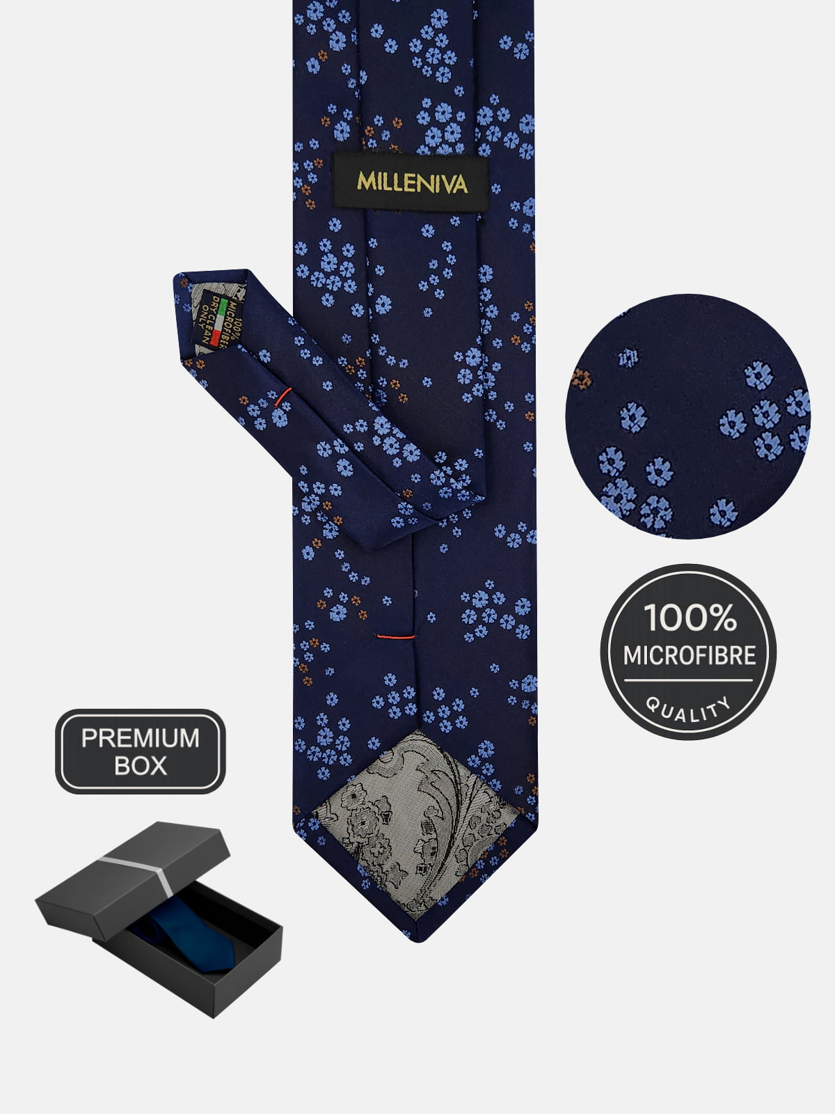 Milleniva marka, 100% mikrofiber lacivert çiçek desenli kravat. Özel kutuda, şık erkek giyim aksesuarı.