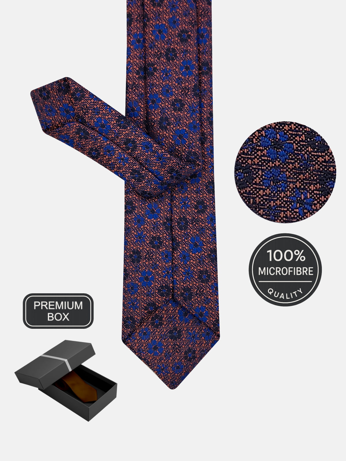 Milleniva 100% mikrofiber slim kravat ve mendil. Kahverengi çiçek desenli, ince, kaliteli erkek takım aksesuarı premium kutuda.