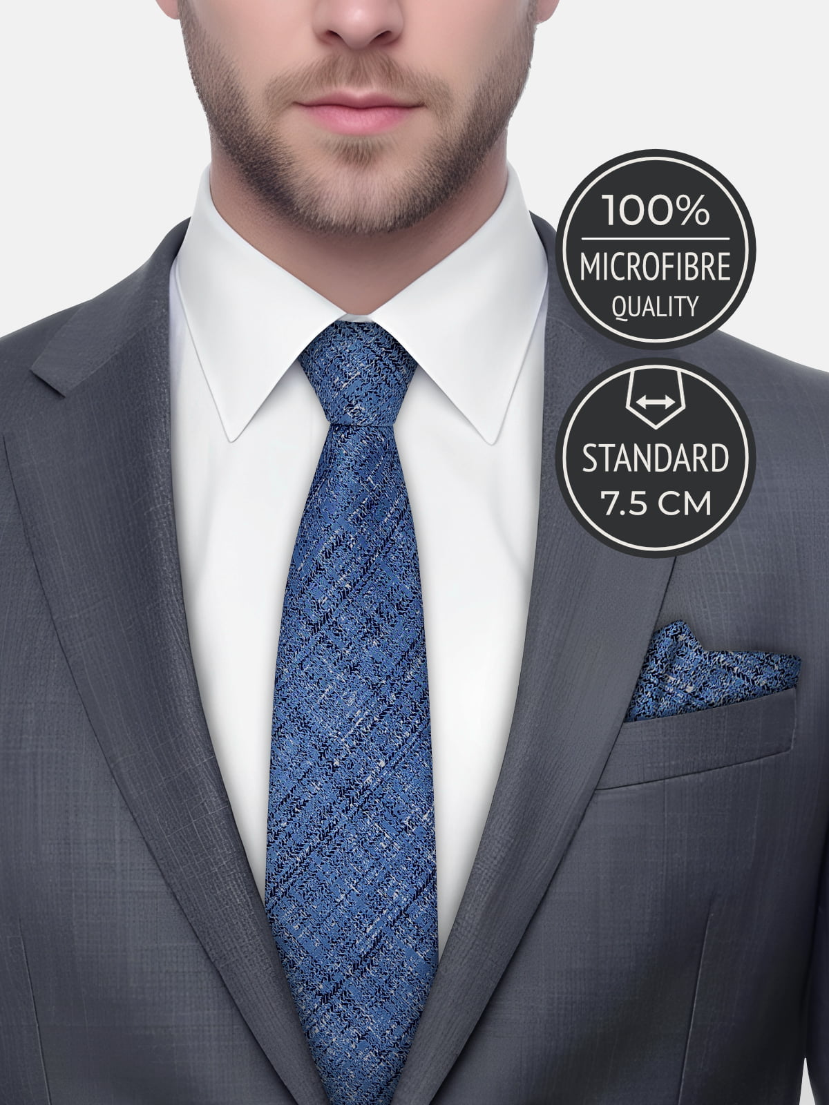Milleniva standart 7.5 cm mavi kırçıl desenli kravat, iş ve toplantılar için şık mikrofiber erkek aksesuarı.