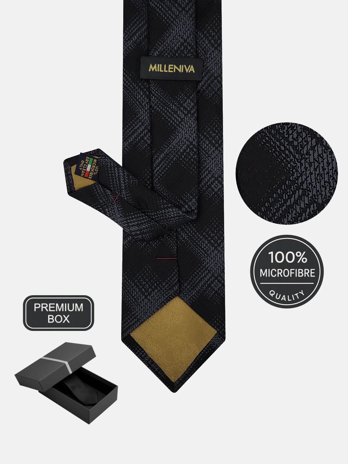 Milleniva özel kutulu, %100 mikrofiber gri ekose kravat. Erkek giyim aksesuarı.
