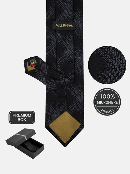 Milleniva özel kutulu, %100 mikrofiber gri ekose kravat. Erkek giyim aksesuarı.