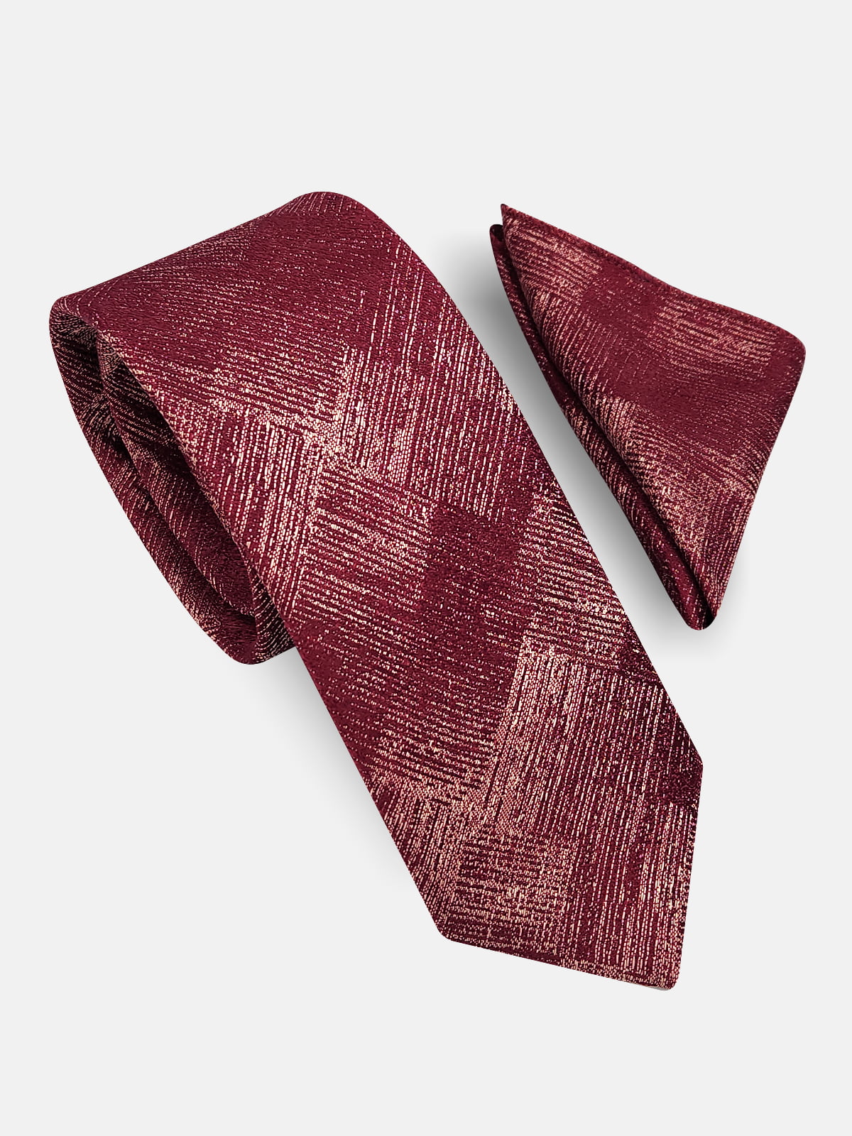 Milleniva retro desenli bordo mikrofiber erkek kravat ve mendil seti. Şık, toplantı ve davetler için ideal.