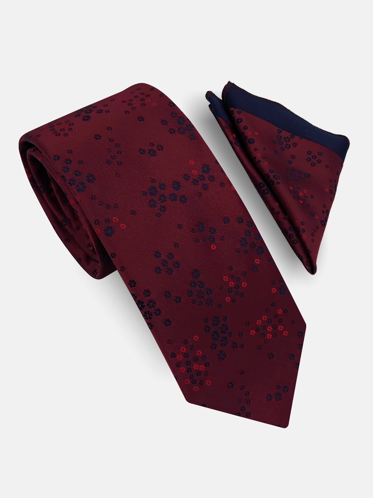 Bordo çiçek desenli Milleniva mikrofiber kravat ve mendil seti. Klasik erkek giyime uygun, şık iş ve davet aksesuarı.